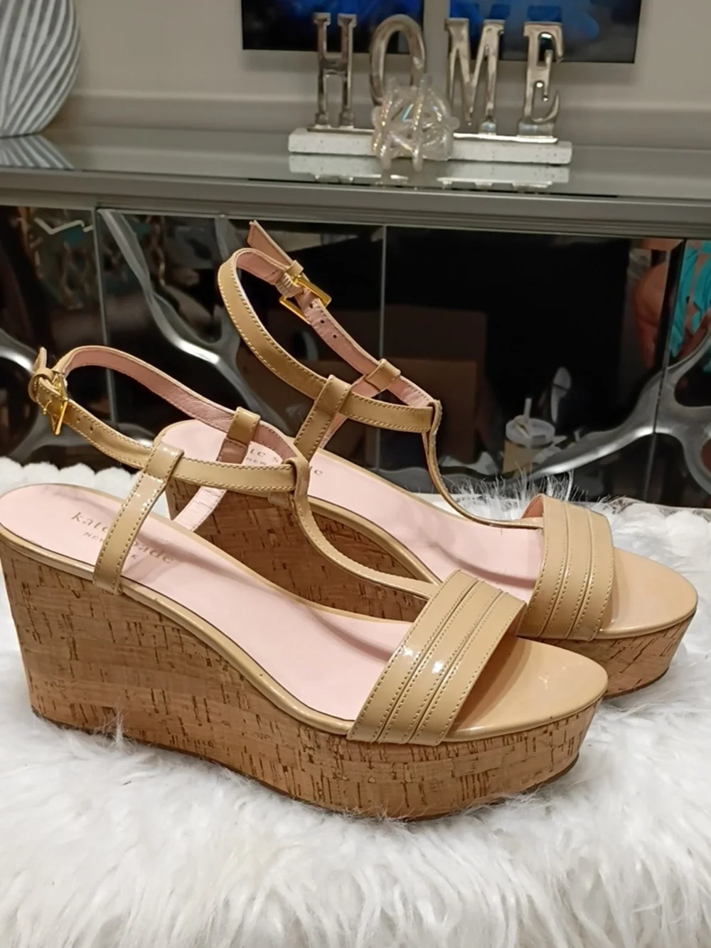 kate spade Tallin Nude Patent Leather Cork Wedge Sandals SZ 8